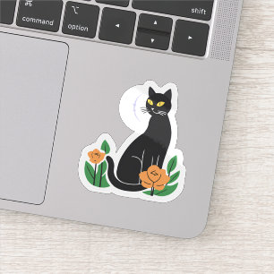 Zwarte Kat Bloemige Schattige Kat Sticker
