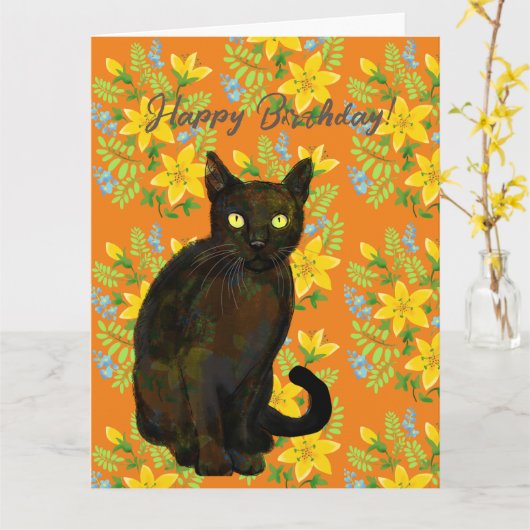 zwarte kat bloemkaart kaart (Gele Bloem)