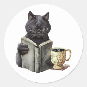 Zwarte Kat Boek Liefhebber Boekenwurm Koffie Lezen Ronde Sticker