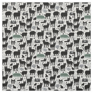 Zwarte kat botanisch wit patroon moderne boho stof