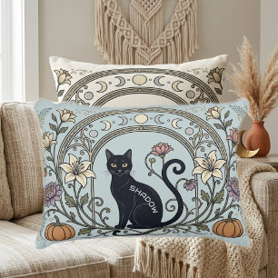 Zwarte Kat Botanische Kunst Pastelgroene Maan Halv Accent Kussen