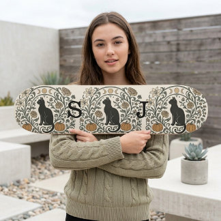 Zwarte Kat Botanische Maanfase Herfst Pompoen Kran Skateboard