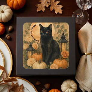 Zwarte Kat Botanische Vintage Halloween Pompoenen Vierkante Sticker