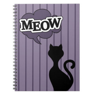 Zwarte kat cartoon paarse miauw quote notitieboek