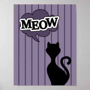 Zwarte kat cartoon paarse spraakwolk miauw poster