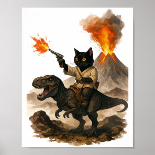 Zwarte Kat Cowboy Ridend op een Dinosaur – Waterve Poster