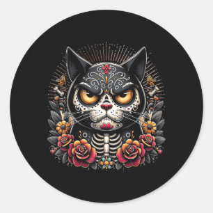 Zwarte Kat Dia De Los Muertos Chagrijnige Zwarte K Ronde Sticker