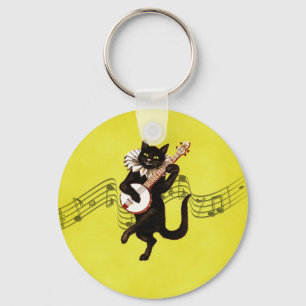 Zwarte  kat die banjo speelt op Muzieknoten Sleutelhanger