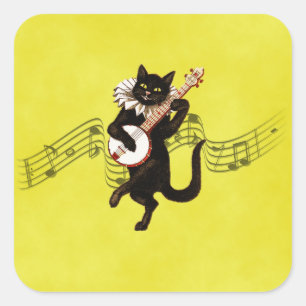 Zwarte kat die banjo speelt op Muzieknoten Vierkante Sticker