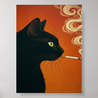 Zwarte Kat die een Sigaret rookt Vintage Poster