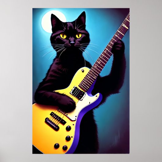 Zwarte kat die gitaar speelt | AI Art. Poster (Voorkant)