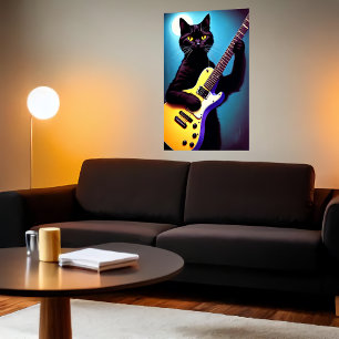 Zwarte kat die gitaar speelt   AI Art. Poster
