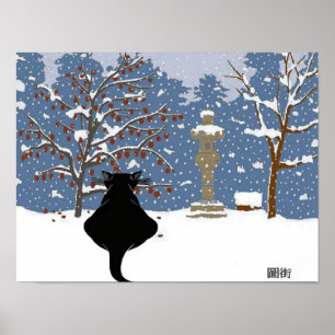Zwarte kat die sneeuw kijkt poster