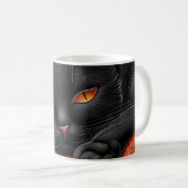 Zwarte kat die voor een open haard ligt koffiemok (Voorkant rechts)