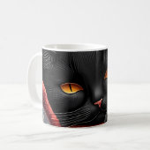 Zwarte kat die voor een open haard ligt koffiemok (Voorkant links)
