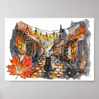 Zwarte Kat Dorpsweg Halloween Aquarel Poster