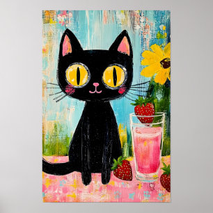 Zwarte Kat Drinkt Aardbeien Sap Poster