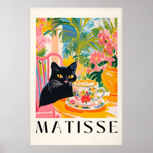 Zwarte Kat Drinkt Koffie Grappige Matisse Stijl Poster