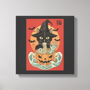 Zwarte kat eet Japanse ramen voor Halloween Canvas Afdruk