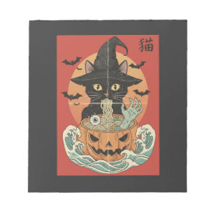 Zwarte kat eet Japanse ramen voor Halloween Notitieblok