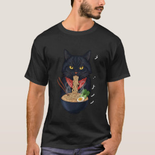 Zwarte Kat Eet Ramen Kawaii Anime Noedel voor Kind T-shirt