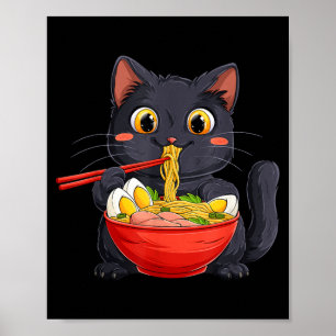 Zwarte kat eet Ramen Noodle Kawaii Anime Stijl Poster