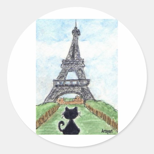 ZWARTE KAT EIFFEL TOWER RONDE STICKER (Voorkant)