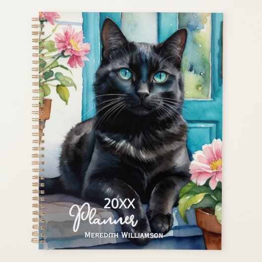 Zwarte Kat Elegante Waterverf Custom Jaar Planner (Voorkant)