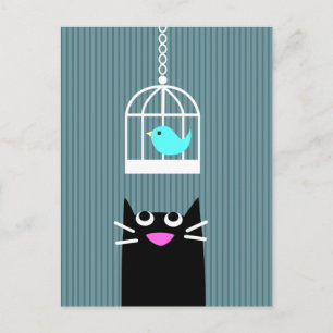 Zwarte kat en blauwe vogel in Birdcage Briefkaart