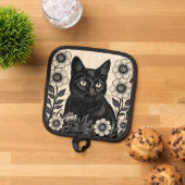 Zwarte kat en bloemen pannenlap (Top down)