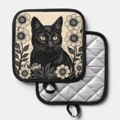 Zwarte kat en bloemen pannenlap (Voorkant / Achterkant)