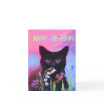 ZWARTE KAT EN BLOEMEN VERJAARDAG KAART