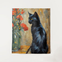 Zwarte kat en bloemen wandkleed