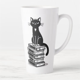 Zwarte kat en boeken – minimalistisch design latte mok