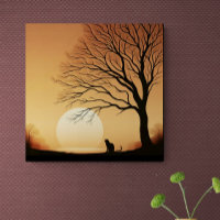 Zwarte kat en boom silhouet in de zon set canv