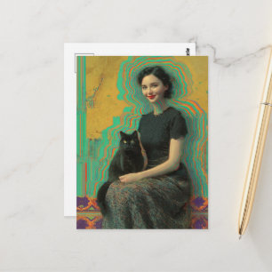 Zwarte Kat en een Dame Glitch Briefkaart