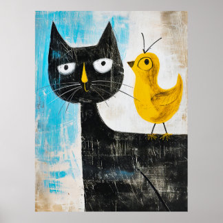 Zwarte Kat en Gele Vogel – Whimsical Moderne Kunst Poster