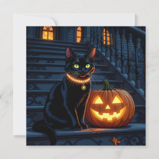 Zwarte kat en gloeiende pompoen Halloween