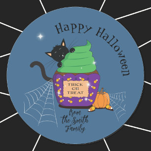 Zwarte Kat en Halloween Cupcake Blauwe Stickers