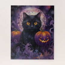 Zwarte kat en Halloween pompoenen op Moonlight