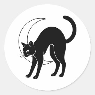 Zwarte Kat en Halve Maan Lijnkunst Ronde Sticker