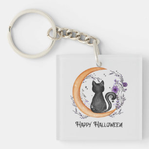 Zwarte kat en halve maan voor Happy Halloween Sleutelhanger