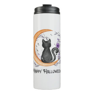 Zwarte kat en halve maan voor Happy Halloween Thermosbeker