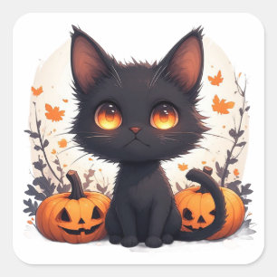 Zwarte Kat en Herfstpompoen Vierkante Sticker