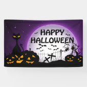 Zwarte kat en Jack o lantaarns zwart en paarse Spandoek (Horizontaal)