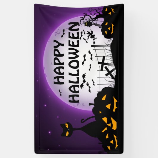 Zwarte kat en Jack o lantaarns zwart en paarse Spandoek (Verticaal)