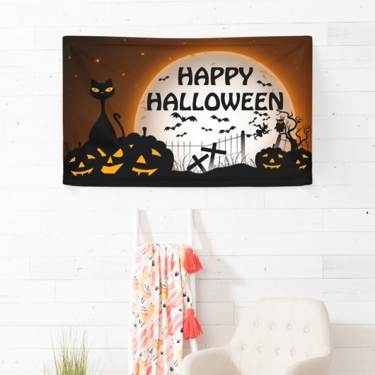 Zwarte kat en Jack o lantaarns zwart en sinaasappe Spandoek (Insitu)