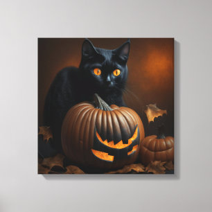 Zwarte Kat en Jack-O-Lantern Canvas Afdruk
