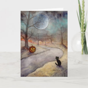 Zwarte Kat en Jack-o-Lantern Fantasie Kunst Kaart