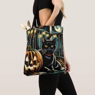 Zwarte kat en Jack-O-Lantern Halloween Draagtas
